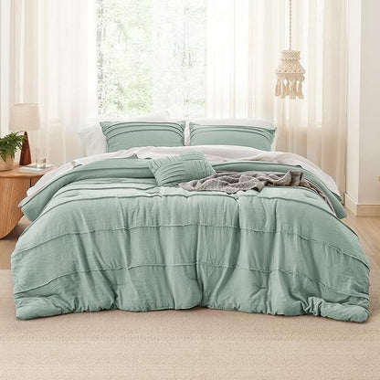 Bedsure California King Comforter Set - 4 Pieces Pinch Pleat Bed Set, Sage Green Boho Bedding for All Season, 1 Soft Comforter, 2 Pillowcases, 1 Decorative Pillow