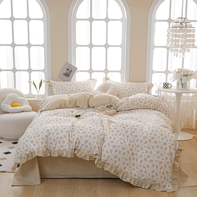 HighBuy Twin XL Comforter Set Lace Ruffle Bedding Comforter Fluffy Coquette Floral Bedding Set 3 Piece Princess Yellow Floral Comforters with 2 Lace Ruffles Pillowcases Cozy Soft