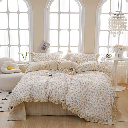 HighBuy Vintage Lace Comforter Set Full Size Girls Floral Bedding Comforter Set Cozy Yellow Grid Chic Princess Bedding Sets Boho with 2 Lace Ruffles Pillowcases,Aesthetic Floral Comforter Sets