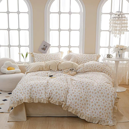 HighBuy Vintage Lace Comforter Set Full Size Girls Floral Bedding Comforter Set Cozy Yellow Grid Chic Princess Bedding Sets Boho with 2 Lace Ruffles Pillowcases,Aesthetic Floral Comforter Sets