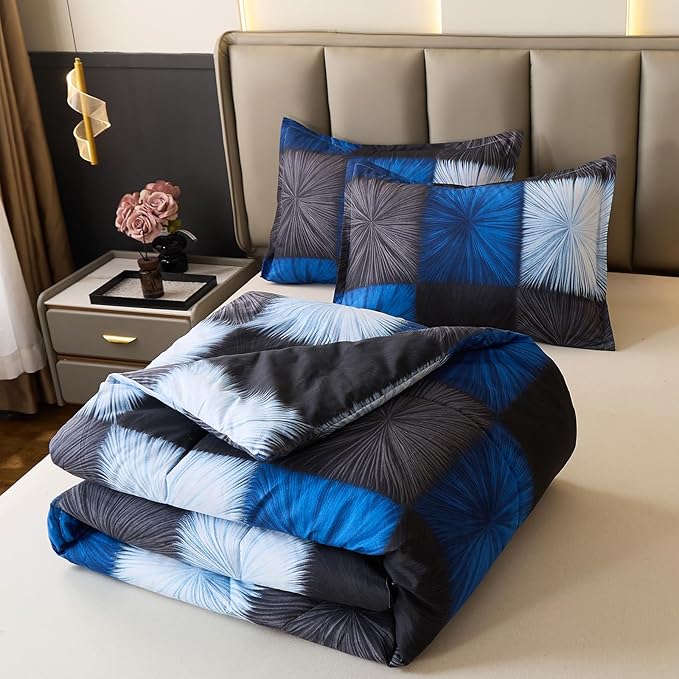 Caressma Black and Navy Blue Checkered Comforter Bedding Set, Full Size Blue White Plaid Comforter Set for Boys, Fluffy Black Grid Home Decor for All Seasons