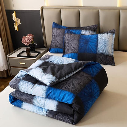 Caressma Black and Navy Blue Checkered Comforter Bedding Set, Full Size Blue White Plaid Comforter Set for Boys, Fluffy Black Grid Home Decor for All Seasons