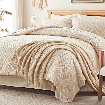 Zzlpp Queen Comforter Set 7 Pieces, Beige Bed in a Bag Queen Size, Tufted Boho Bedding Set with 1 Comforter, 2 Pillow Shams, 2 Pillowcases, 1 Flat Sheet, 1 Fitted Sheet