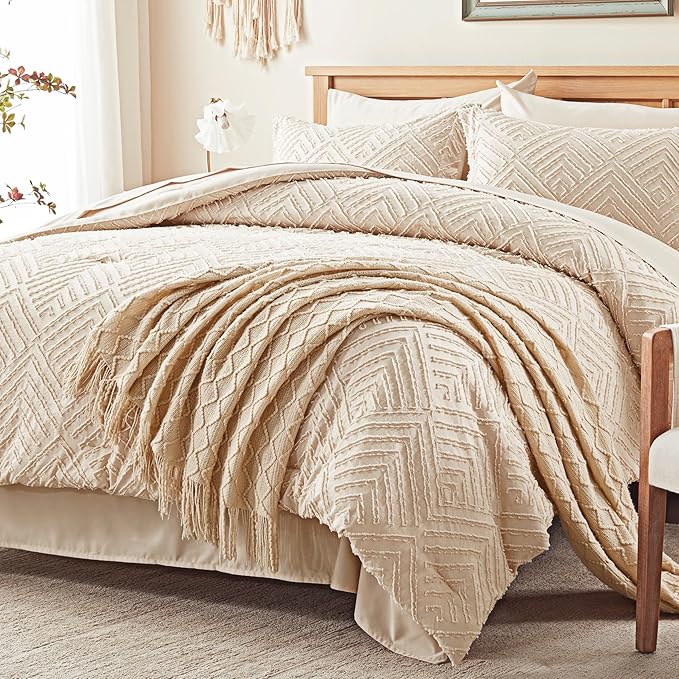 Zzlpp Twin Comforter Set 5 Pieces, Beige Tufted Bed in a Bag with Comforter, Pillow Sham, Pillowcase, Flat Sheet, Fitted Sheet - All Season Boho Bedding Sets