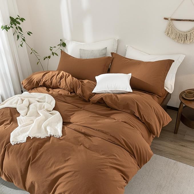 100% Washed Cotton Dark Orange Duvet Cover California King Size Bedding Set Cover 1 Duvet Cover with Zipper Closure Plus 2 Pillowcases, 104inch x 98inch
