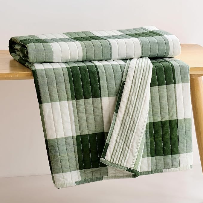 Levtex Home Camden Green Quilted Reversible Throw (50x60in) - Buffalo Check - Green - Cotton Throw - Lightweight, Soft, Pre-Washed