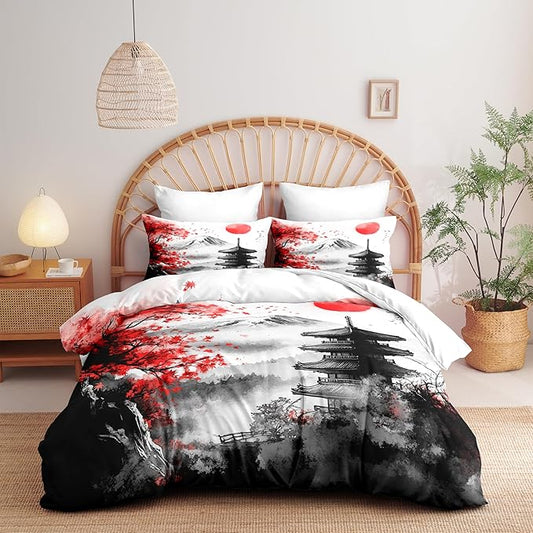 Japanese Style Botanical Comforter Set Twin Size, 2 Pieces Classical Architecture Art Painting Lightweight Summer Comforter with 1 Pillow Case, Ultra Soft Microfiber Bedding Set(68" X 86")