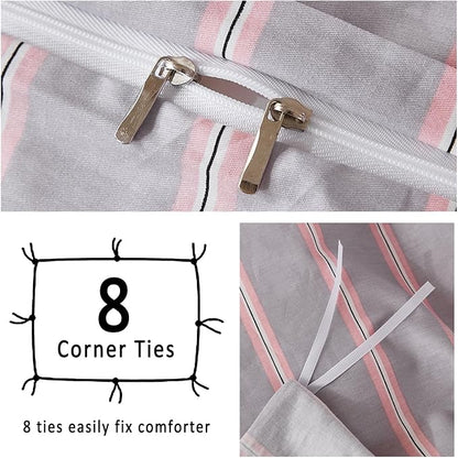 Merryword 100% Cotton Duvet Cover Set Queen Size - Gray and Pink Striped Bedding Set with Zipper & Corner Ties, 3-Piece Luxury Linen Like Bedding Set for All Seasons