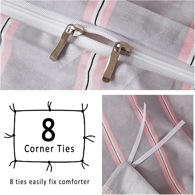 Merryword 100% Cotton Duvet Cover Set King Size - Gray and Pink Striped Bedding Set with Zipper & Corner Ties, 3-Piece Luxury Linen Like Bedding Set for All Seasons