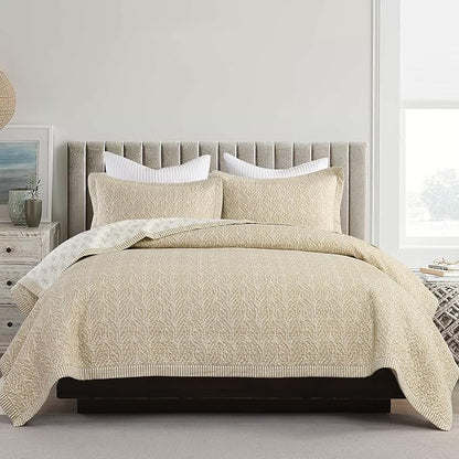 SahSahCasa Quilt Set Queen Size, 100% Cotton Quilt Bedding Set Bedspread, Botanical Pattern Solid Color Chic Lightweight Quilted Comforter for Queen Bed, White/Oatmeal, All Season, 3 Pieces