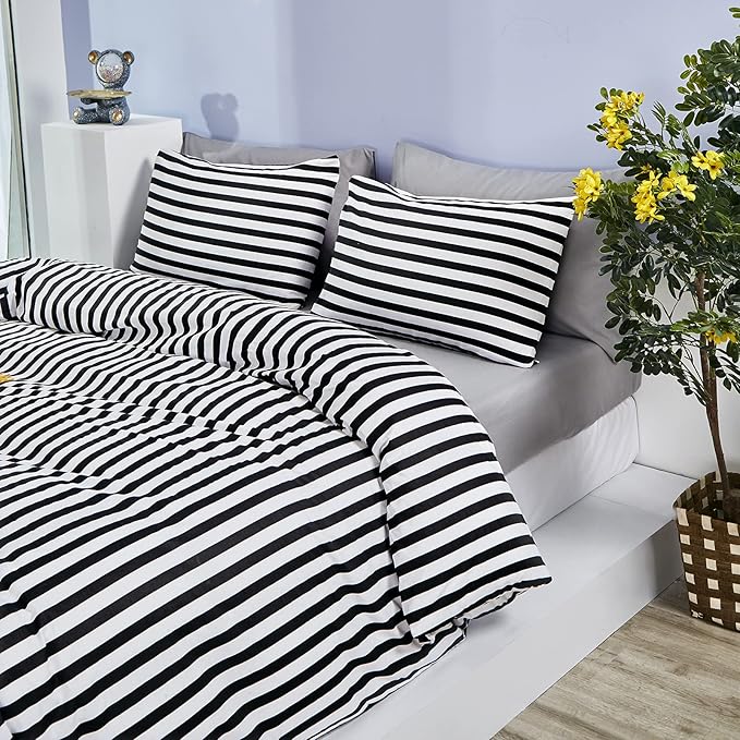 CLOTHKNOW Striped King Size Comforter Set Black and White Bedding Comforter Sets Soft Farmhouse Ticking Comforter with 2 x Pillow Cases