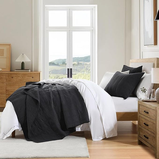 HORIMOTE HOME 100% Cotton Quilt Set Queen Size, Charcoal Pre-Washed Bedspreads Coverlet Set in Geometric Pattern, Cozy Lightweight Stitching Decorative Bedding Cover with 2 Shams for All Season