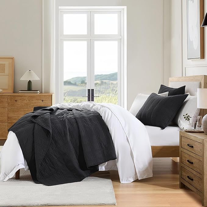 HORIMOTE HOME 100% Cotton Quilt Set Twin Size, Charcoal Pre-Washed Bedspreads Coverlet Set in Geometric Pattern, Cozy Lightweight Stitching Decorative Bedding Cover with 1 Sham for All Season