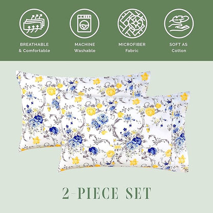 Elegant Comfort Ultra Soft Set of 2 Floral Print Pillowcases - 1500 Premium Hotel Quality Microfiber, Soft and Smooth Envelope Closure 2-Piece Pillow Covers - Standard/Queen, Gold Jenna