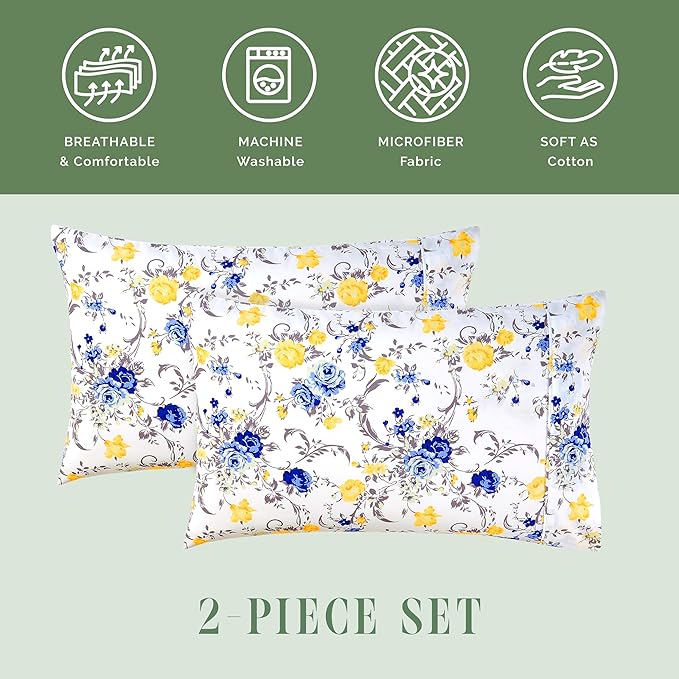 Elegant Comfort Ultra Soft Set of 2 Floral Print Pillowcases - Premium Hotel Quality Microfiber, Soft and Smooth Envelope Closure 2-Piece Pillow Covers - King, Gold Jenna