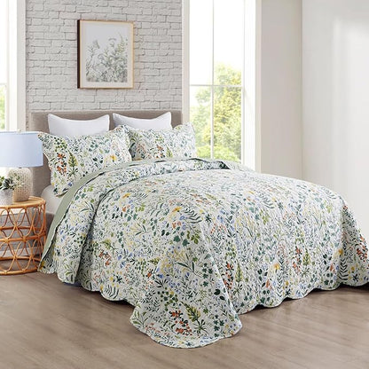 Travan 3-Piece Quilt Set Quilted Bedspread Lightweight Coverlet Set Garden Style Floral Printed Oversized Quilted Bedding Set with Shams for All Season, Exquisite, Queen Size