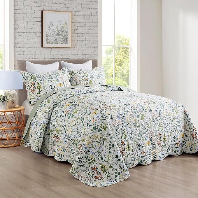 Travan 3-Piece Quilt Set Quilted Bedspread Lightweight Coverlet Set Garden Style Floral Printed Oversized Quilted Bedding Set with Shams for All Season, Exquisite, King Size