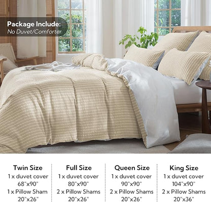 MILDLY Jacquard Stripe Duvet Cover - 100% Washed Cotton Khaki Boho Textured Comforter Cover Set with Zipper Closure 104"x90"