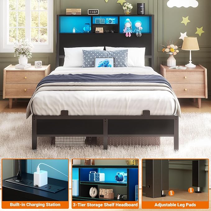 Aheaplus Headboard for Twin Size Bed with Storage, Headboards with Outlets | Twin Size Head Board Only, with USB Ports and LED Light, Height Adjustable, Reversible, Sturdy and Stable Headboard, Black