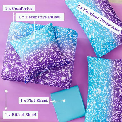 RYNGHIPY Blue Purple Girls Bedding Set 3D Colorful Galaxy Starry Comforter Sets for Girls Kids Twin Lightweight Soft Rainbow Bed in A Bag