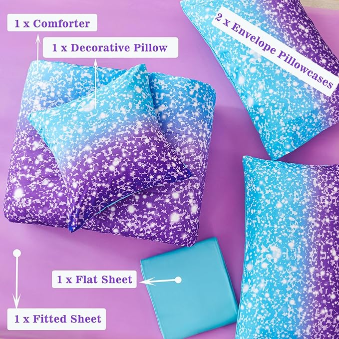 RYNGHIPY Blue Purple Girls Bedding Set 3D Colorful Galaxy Starry Comforter Sets for Girls Kids Full Lightweight Soft Rainbow Bed in A Bag