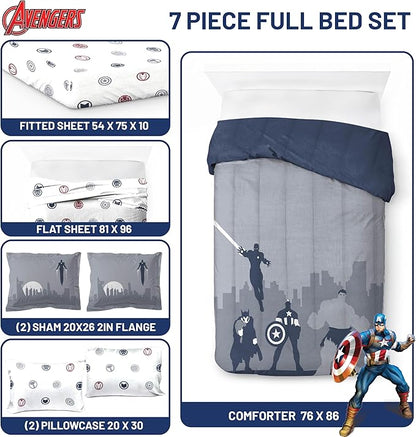 Jay Franco Marvel Avengers Full Size Comforter Set - 7 Piece Bedding Includes Sheet Set & Pillow Covers - Super Soft Cozy Bedding with Captain America, Hulk, Iron Man and Thor