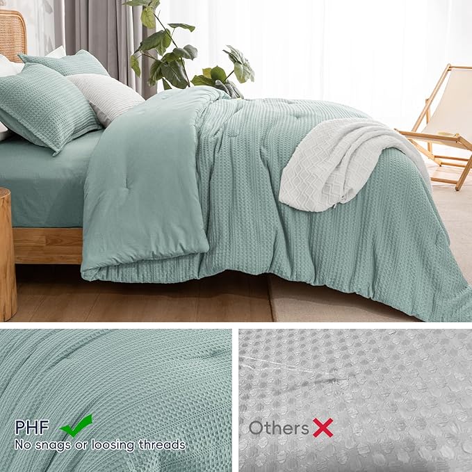 PHF Soft Waffle Comforter Set Queen Size- Comfy Breathable Waffle Weave Comforter with 2 Pillow Shams, 3 Pieces Less Snagging Lightweight Textured Bedding Set for All Season, Aqua