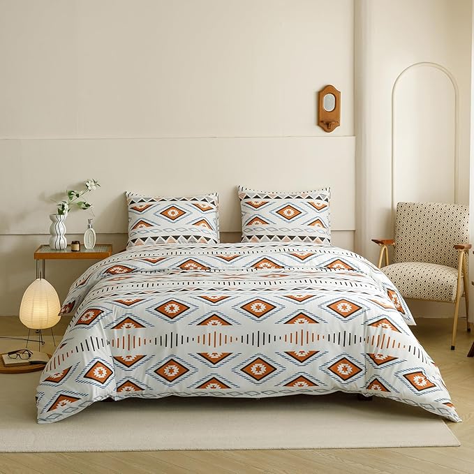 Houseri Orange and Brown Boho Comforter Set Queen Geometric Mocha Blue Diamonds Artistic Bedding Sets Queen Size Women Men Earth Tone Bohemian Triangle Farmhouse Retro Fashion Bed Quilt Blankets Queen