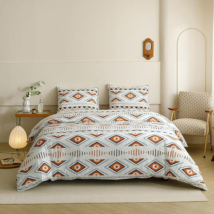 Houseri Orange and Brown Boho Comforter Set Queen Geometric Mocha Blue Diamonds Artistic Bedding Sets Queen Size Women Men Earth Tone Bohemian Triangle Farmhouse Retro Fashion Bed Quilt Blankets Queen