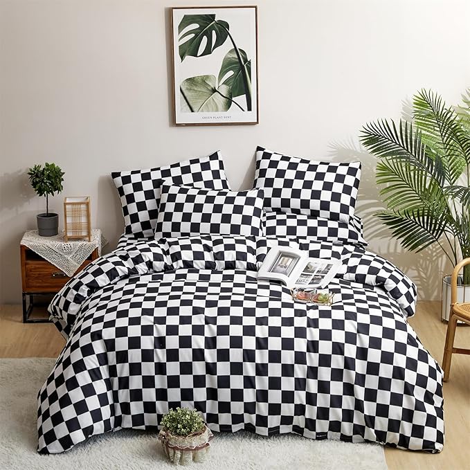 CLOTHKNOW Black White Plaid Comforter Set Queen Grid Bedding Comforter Sets Soft Checker Geometric Queen Comforter with 2 x Pillow Cases