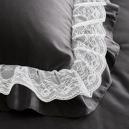 Joyreap King Size Comforter Set Black, 3pcs Lace Ruffled Bedding Comforter Set, Microfiber Vintage Gothic Boho Chic Bedding Set for All Season- 100x88 inches