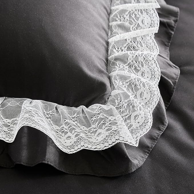 Joyreap Twin Size Comforter Set Black, 3pcs Lace Ruffled Bedding Comforter Set, Microfiber Vintage Gothic Boho Chic Bedding Set for All Season- 68x88 inches