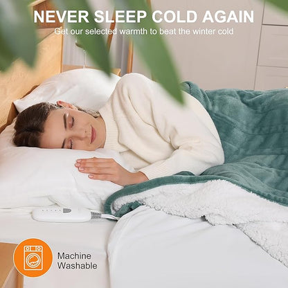 Electric Throw Blanket Green Heated Blanket 50X60in, Ultra Soft Silky Flannel and Fluffy Sherpa Heating Blanket with 5 Heat Levels & 4 Hrs Timer, ETL Certified & Overheat Protection, Gifts for Grandma