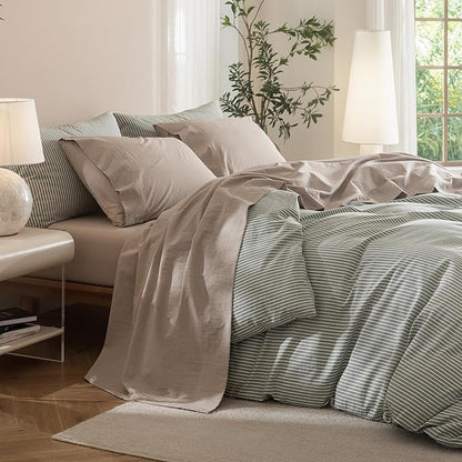 JIYUAN California King Size Sheet Set, 4-Piece - 100% Washed Cotton, Linen-Like Soft & Breathable, Includes Deep Pocket Fitted & Flat Sheet with 2 Pillowcases, Hotel Quality, Heathered Warm Taupe