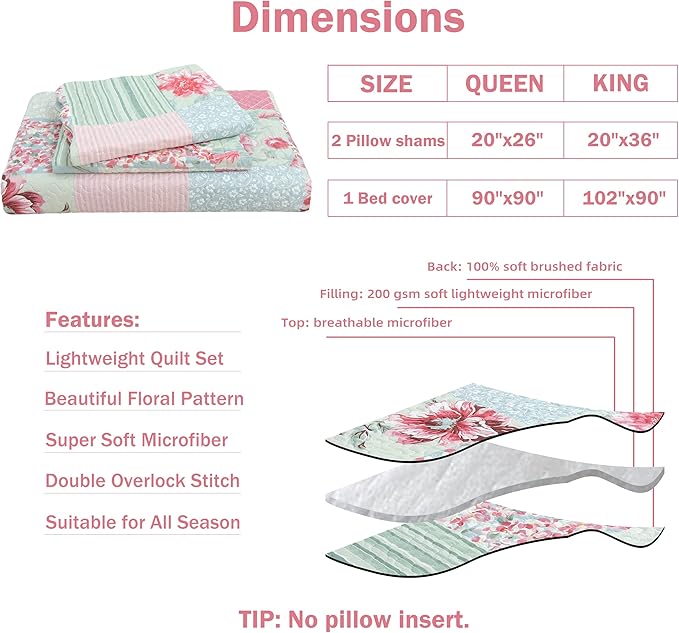 Cmfshape Summer Floral Queen Quilted Bedspread,Romantic Pink Quilt Set,Reversible Stitched Bedding Set All Season,Soft Lightweight Coverlet with Pillow Cases (Pink&Grey, Queen90 x90)