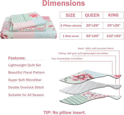 Cmfshape Summer Floral Queen Quilted Bedspread,Romantic Pink Quilt Set,Reversible Stitched Bedding Set All Season,Soft Lightweight Coverlet with Pillow Cases (Pink&Grey, Queen90 x90)
