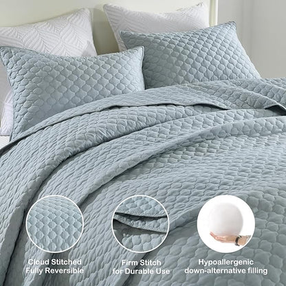 HORIMOTE HOME Quilt Twin Size Chambray Blue, Lightweight Quilt for Summer Ultra-Soft Microfiber Modern Style Quilted Clouds Pattern Bedspread Quit Set 2 Pieces (1 Quilt and 1 Pillow Sham)