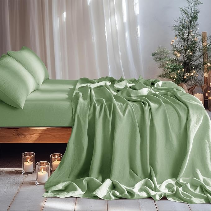 LBRO2M 100% Pure Linen Sheet Set Deep Pocket Up to 16" Bed Sheets Sets, Natural Flax Beddings Soft, Breathable, Comfortable for All Seasons 4 Pcs Sheet Set King Size, Green