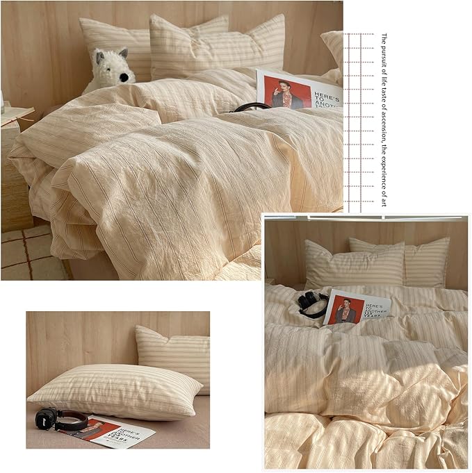 mixinni Retro Striped Duvet Cover Set King Size - 100% Washed Cotton Beige Duvet Cover with Black White Stripes, Soft Breathable 3 Piece Comforter Cover with Zipper Closure & Corner Ties