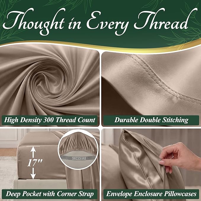 DECOLURE 100% Viscose Derived from Bamboo Sheets Twin Size - Luxury 4 Pc Naturally Cooling Sheets, Ultra Soft Bed Set - Deep 17" Pockets, Durable Double Stitching, Oeko Tex Standard (Taupe)