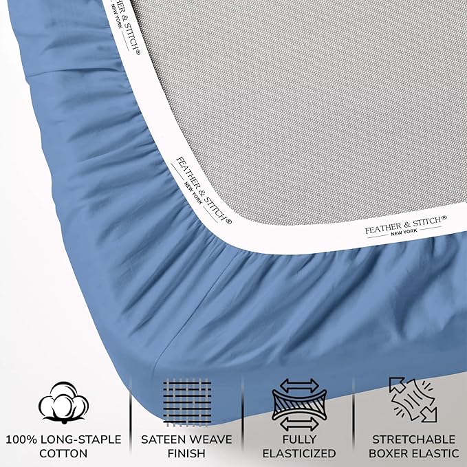 Feather & Stitch 500 TC California King Size 4pc Damask Bed Sheet Set, 100% Soft Cotton Breathable Bedsheets, 18" Deep Pockets Sateen Weave Striped Bedding Mattress - (Mist Blue)