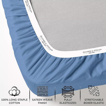Feather & Stitch 500 TC Full Size 4pc Damask Bed Sheet Set, 100% Soft Cotton Breathable Bedsheets, 18" Deep Pockets Sateen Weave Striped Bedding Mattress Resort Hotel Luxury Decor - (Mist Blue)