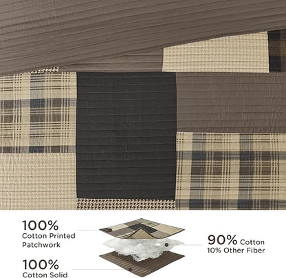 Woolrich Reversible Cotton Quilt Set - Cottage Styling Reversed to Solid Color, All Season Patchwork Lightweight Coverlet, Matching Shams, Winter Hills, Oversized Twin/Twin XL, Tan 2 Piece