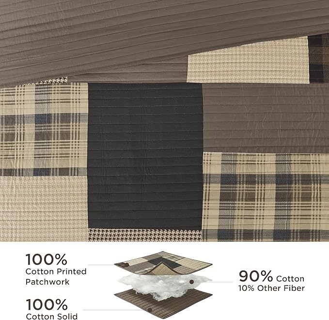 Woolrich Winter Hills Reversible Quilt Set - Cottage Styling Reversed to Solid Color, All Season Lightweight Coverlet, Cozy Bedding Layer, Matching Shams, Oversized Full/Queen, Plaid Tan 3 Piece