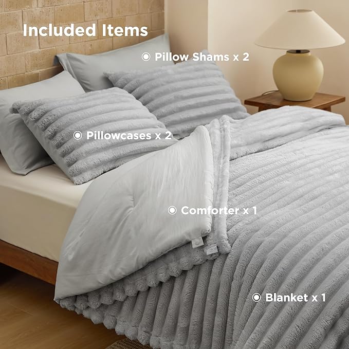 Bedsure Gentlesoft™ 2-in-1 Full Comforter Set and Detachable Fluffy Blanket, Grey Bedding Set for All Season Use, SnapTech Design for Space Saving (Includes 2 Pillow Shams, 2 Pillowcases)