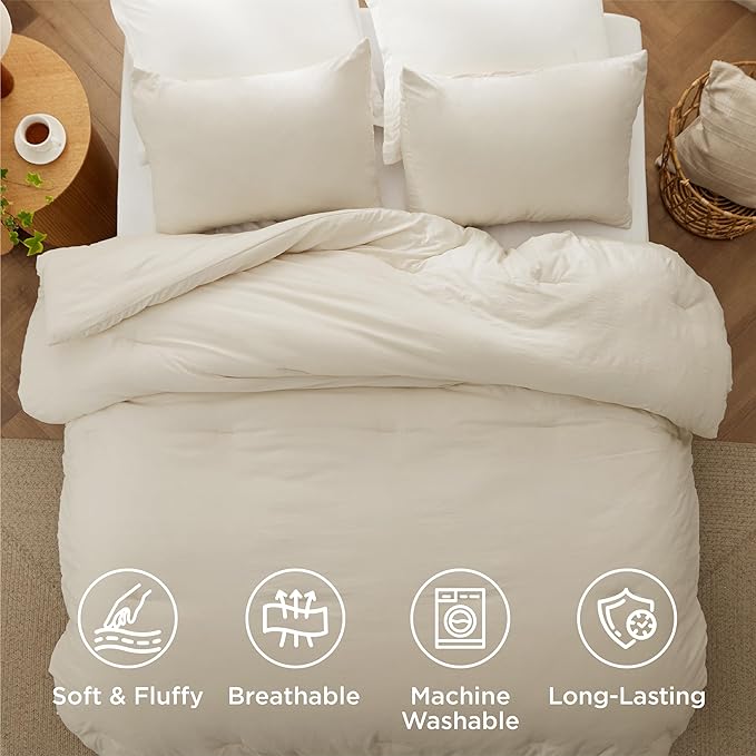 Bedsure Oversized Queen Comforter Set, Cream Soft Prewashed Bedding for All Seasons, 3 Pieces GentleSoft™ Bed Set, 1 Lightweight Comforter (98"x98") and 2 Pillowcases (20"x26")