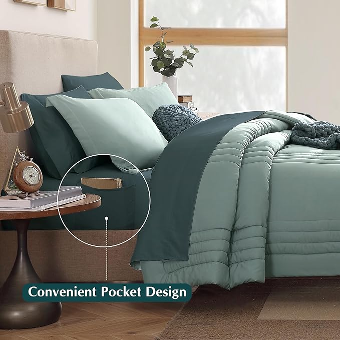 Monbix Oversized Queen Comforter Set - 7 Pieces Sage Green Bed in a Bag Oversized Queen Bedding Sets with Comforters, All Seasons Comforter Bed Set with Sheets, Pillowcases & Shams