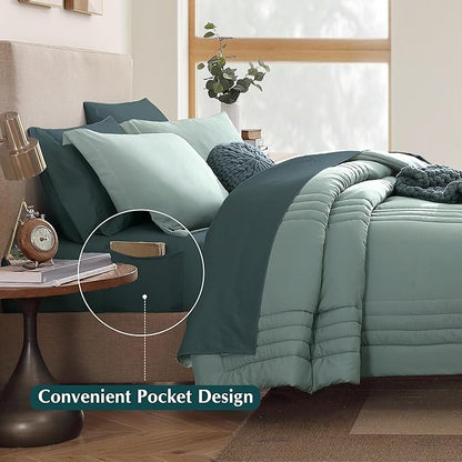 Monbix Oversized Queen Comforter Set - 7 Pieces Sage Green Bed in a Bag Oversized Queen Bedding Sets with Comforters, All Seasons Comforter Bed Set with Sheets, Pillowcases & Shams