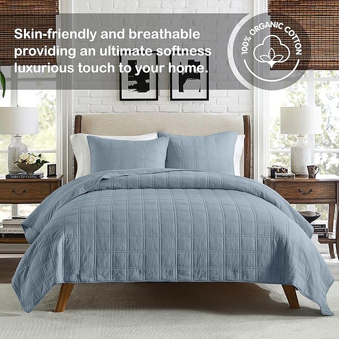 HORIMOTE HOME 100% Cotton Quilt Set Twin Size, Adriatic Blue Pre-Washed Bedspreads Coverlet Set in Geometric Pattern, Cozy Lightweight Stitching Decorative Bedding Cover with 1 Sham for All Season