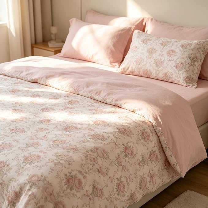 Coquette Cottagecore Comforter Set King Size, 3Pcs Shabby Chic Flower Bedding for Women Teen Girls, French Country Style Quilted Comforter with 2 Pillowcases, 90"x90"